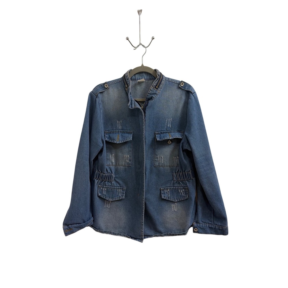 Denim Jacket Upcycled Utility Gorpcore‎ Unbranded Womens M L Blue Distressed Zip
